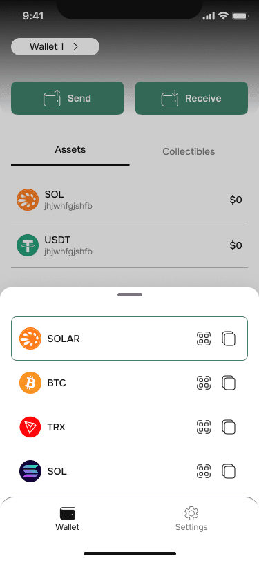 Current Verdex wallet screen with Send, Receive, assets, and the SOLAR network selector